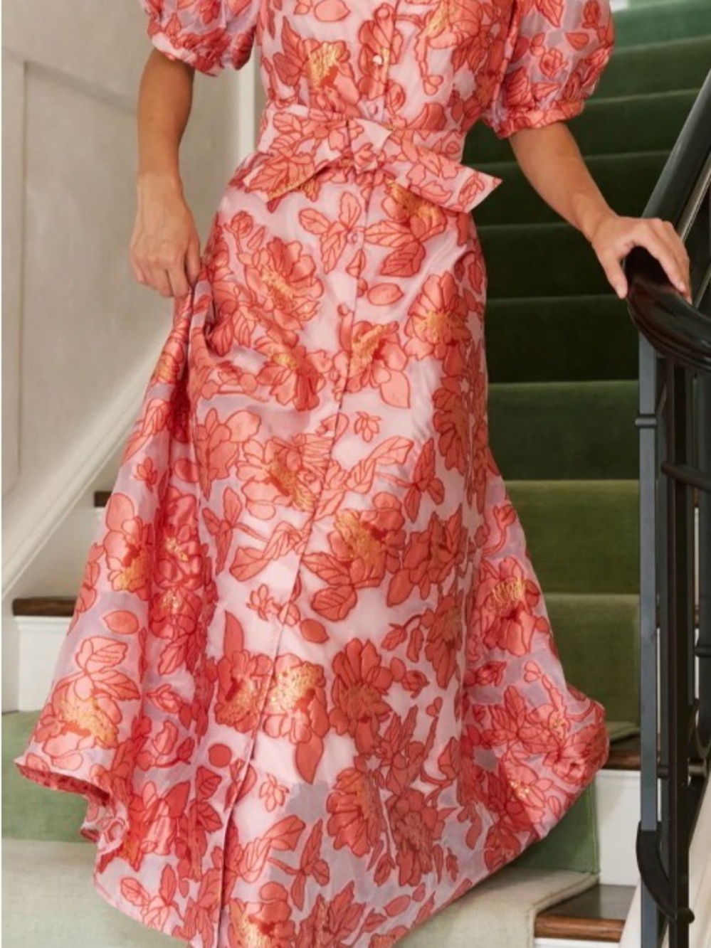 Coral Pink Floral Maxi Skirt with Gold Accents